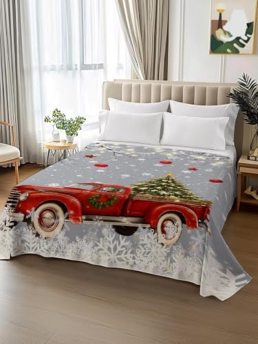 Cal King Size Flat Sheet Only, Farmhouse Red Truck Xmas Tree Bed Top