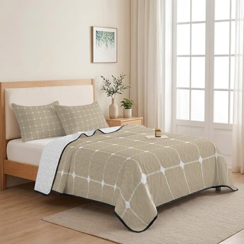 Quilts King Size Bedding Set, Taupe Gingham Lightweight Quilted