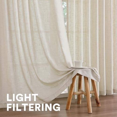 PrinceDeco Ivory Semi Sheer Linen Curtains 84 inch Long for Living