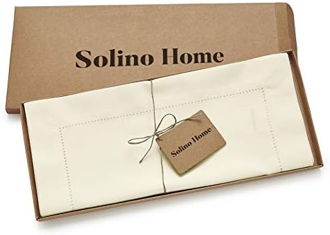 Solino Home Cotton Linen Table Runner Ivory Hemstitch, 14 x 36 in