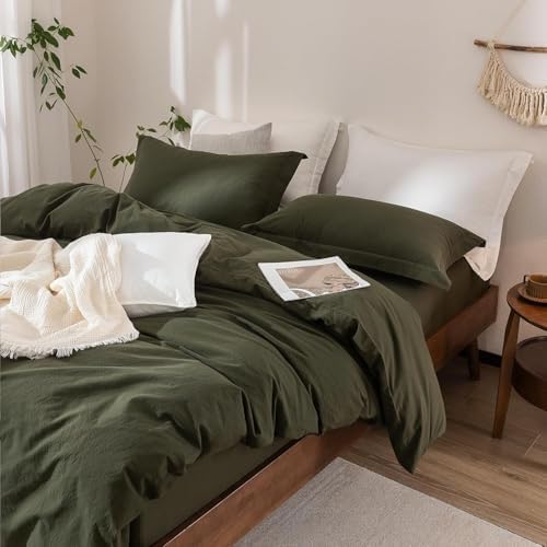 3Pcs Olive Green Cal King Duvet Cover Set Washed Cotton