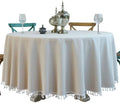 Beige Cotton Linen Round Tablecloth 70 Inch, Solid Color with Tassels