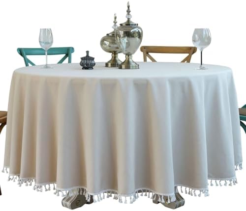 Beige Cotton Linen Round Tablecloth 70 Inch, Solid Color with Tassels