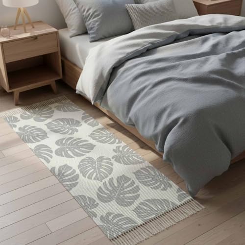 Gray Monstera Leaf Hallway Runner Rug 2'x5', Tropical Plant Foliage