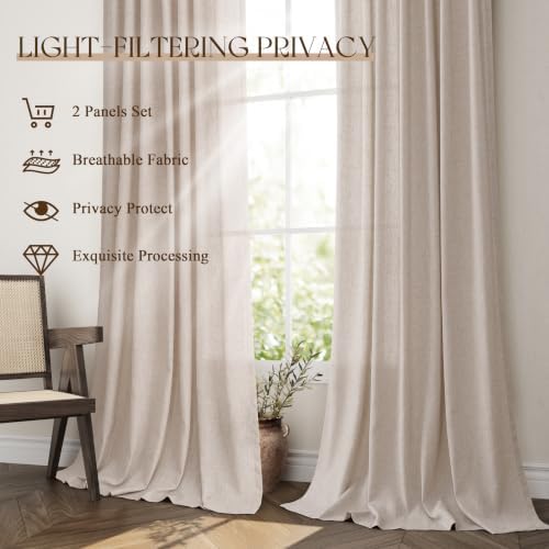 Jowels Oatmeal Linen Grommet Curtains 84 Inch Long 2 Panels for Living