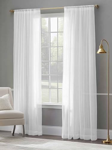 Pure White Sheer Curtains 108 Inches Long 2 Panels, Semi Sheer Rod