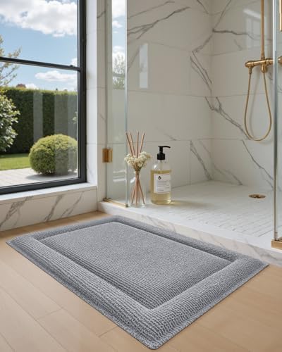 DEXI Memory Foam Bath Mat 24x17, Thick Chenille Bathroom Rug, Light
