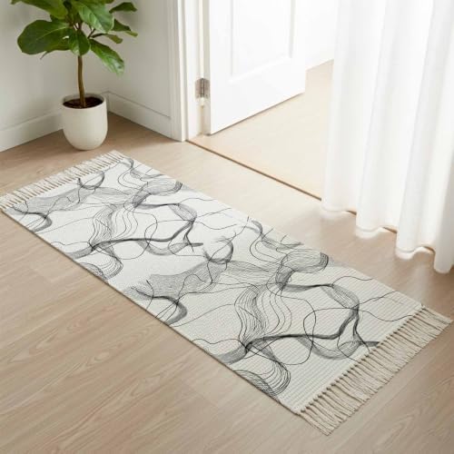 Abstract Smoky Waves Hallway Runner Rug 2'x5', Contemporary Gray White