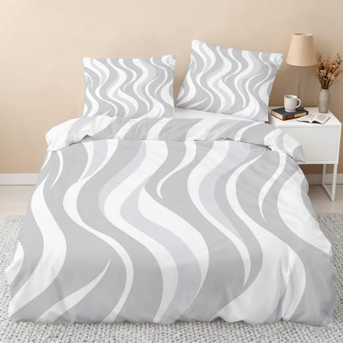 Abstract Geometry Duvet Cover Queen, White Grey Wave Line Bedding Set