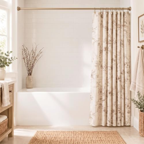 Vintage Floral Shower Curtain, Linen Blend with Tan Line-Drawn