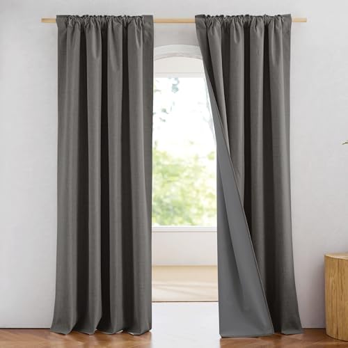NICETOWN 100% Blackout Linen Curtains 84 inch Long 2 Panels, Grizzle