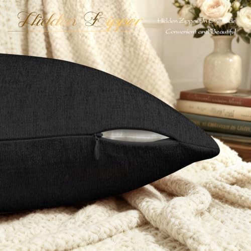 BRAWARM Chenille Throw Pillow Covers 18x18 Inches, Black, Pack of 2