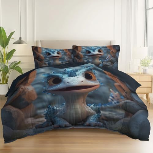 Duvet Cover Set King, 3pc Reversible Cute Fairy Tale Animals Dragons