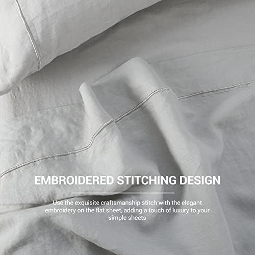 Simple&Opulence French Linen Flat Sheet with Embroidered Border-100%