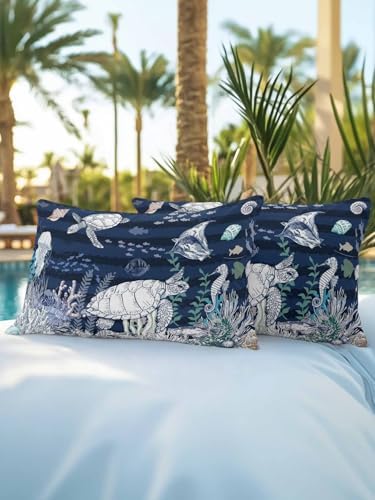 Throw Pillows 12x20 Set of 2, Navy Blue Turtle Coastal Waterproof