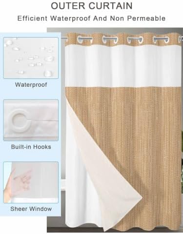 No Hook Shower Curtain, Sand Beige Long Bathtub Curtains with Snap in