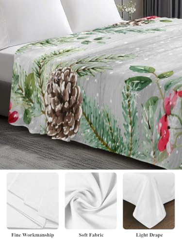 Cal King Size Flat Sheet Only, Christmas Winter Red Berry Pine Bed Top