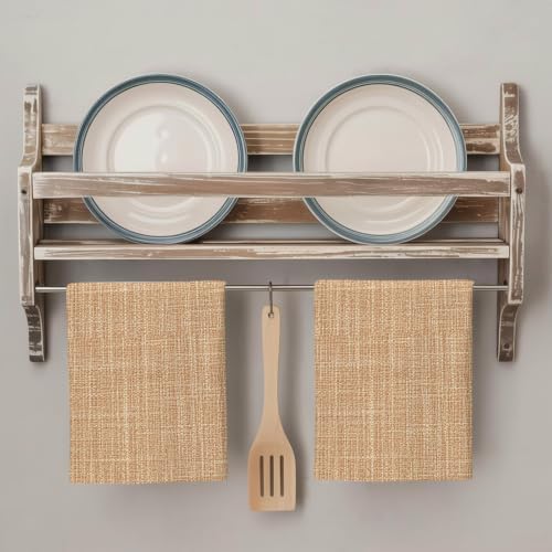 Tan Linen Kitchen Towels Set of 3, Rustic Boho Natural Sand Fiber