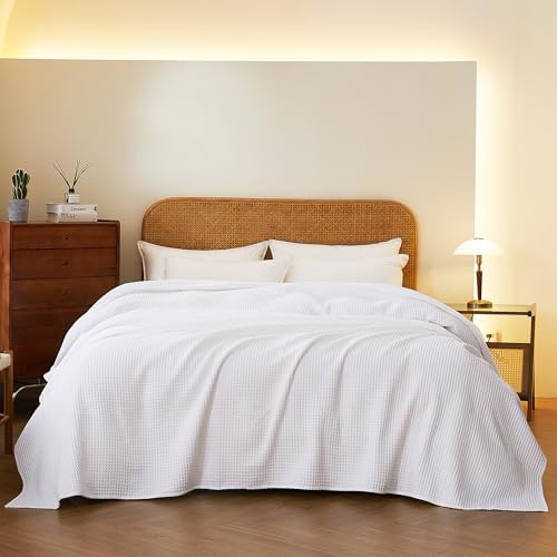 100% Cotton Waffle Blanket for Bed King Size, White, 104 x 90 Inches