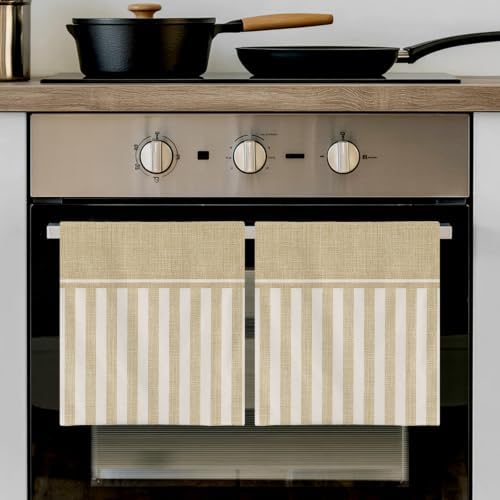 Pale Brown Striped Kitchen Towels Set of 3, Water Absorbent Dish