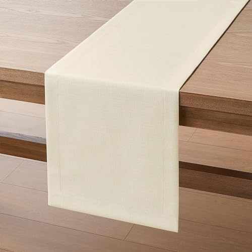 ZeeMart Linen Textured Border Table Runner, 14 x 108 Inch Ivory