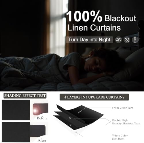 Black Linen Blackout Curtains 120 Inches Long 2 Panels Burg for Living