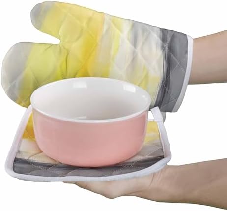 Quilted Cotton Terry Cloth Oven Mitt, Pot Holder Yellow Grey Ombre