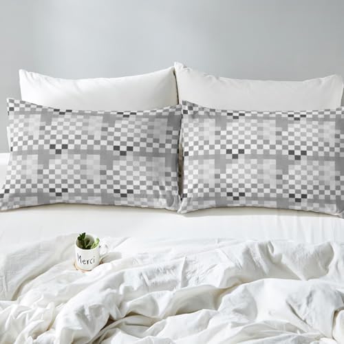 Geometric Grid Duvet Cover Set Queen Size,Gray Checkered Art Abstract