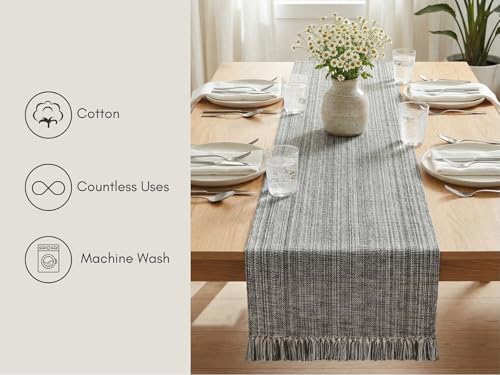 PurpleEssences Chambray Table Runner with Fringes - Mineral Gray &