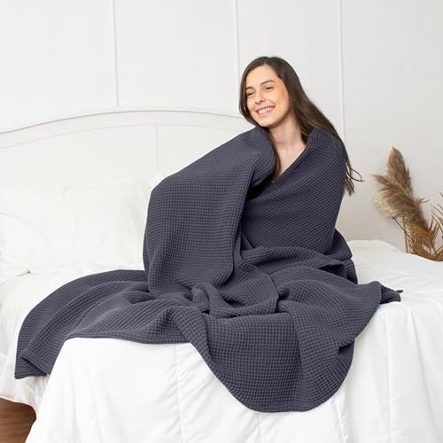 100% Cotton Waffle Weave Blanket, Queen, Grey, 90” x 90”inch