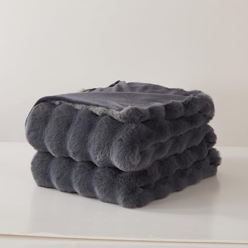Gray Faux Rabbit Fur Bubble Throw Blanket 60 x 80 in