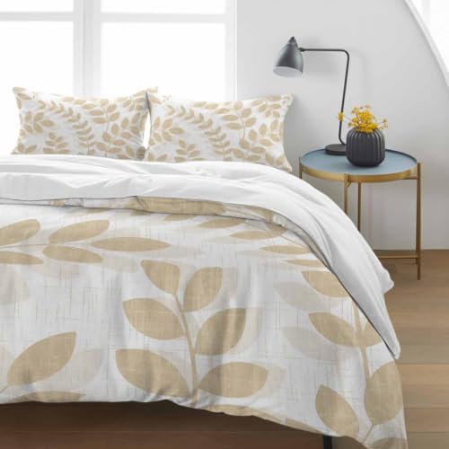 Beige Leaves King 4 Piece Duvet Cover Set, Summer Farmhouse Botanical