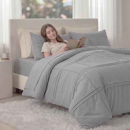 100% Cotton Beige Grey Queen Size Duvet Cover Set - 3 Pieces Pintuck