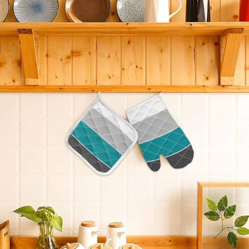 Oven Mitts and Pot Holder Set for Kitchen, Dark Cyan Gray White Simple