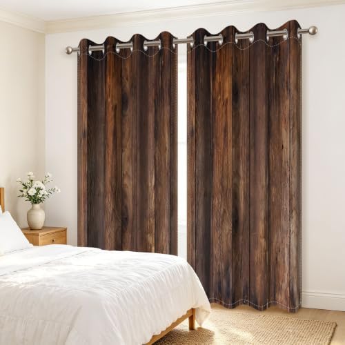 Rustic Brown Wood Blackout Curtains 96 inch Length for Bedroom Living