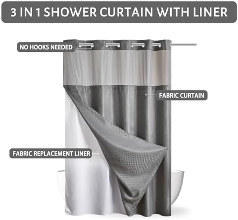 Furlinic Fabric No Hook Shower Curtain with Snap in Liner Modern Grey