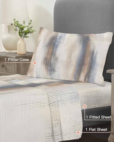 3 Piece Twin XL Sheet Set Beige Gray Sheets Set for Twin XL Size Bed
