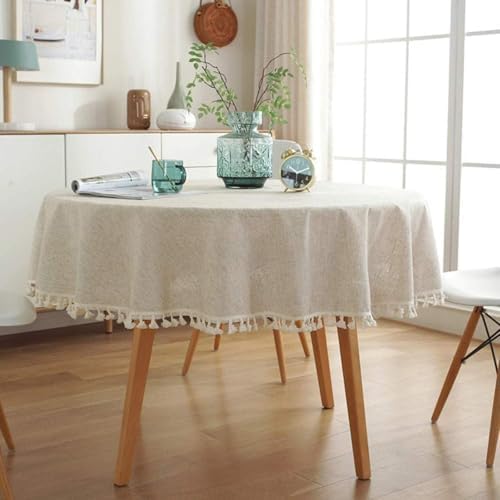 Cotton Linen Round Tablecloth, Farmhouse Dust-Proof,Soft and Wrinkle