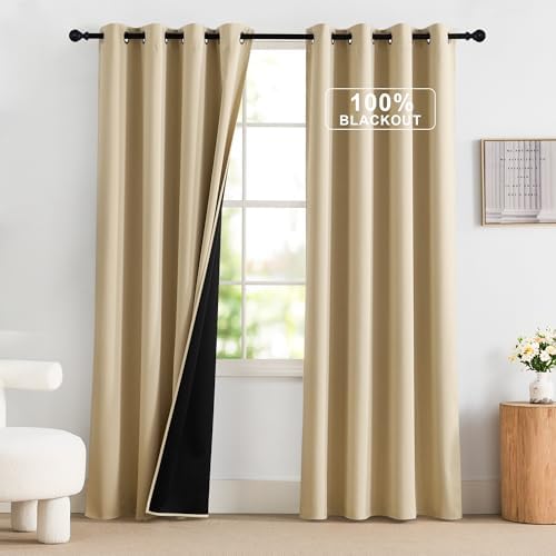 NICETOWN Biscotti Beige 100% Blackout Curtains 84 inch Long for