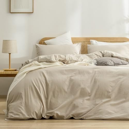 BESTOUCH Cotton Solid Duvet Cover Set Almond Milk Grey Oversized Full
