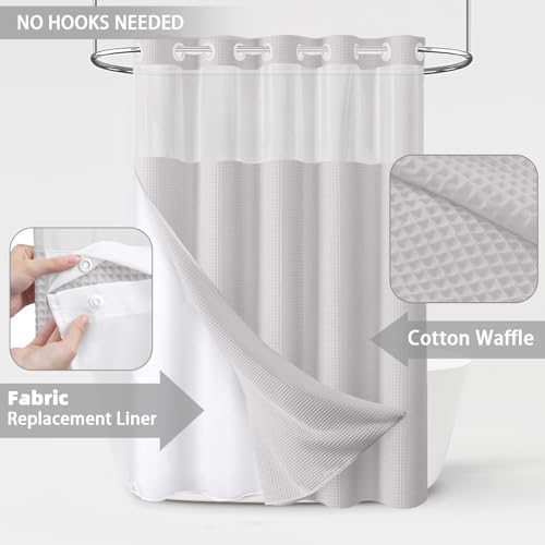 Light Grey Cotton No Hook Shower Curtain,Waffle Weave Shower Curtain