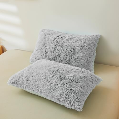 Fluffy Grey Faux Fur Comforter Cover Set Twin,Fluffy Fuzzy Plush Grey