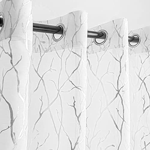 Kotile White Sheer Curtains with Silver Tree Branch 52x63 Inch, 2