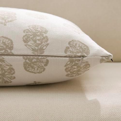 Meekio Floral Block Print Pillow Covers 20x20 Set of 2, Beige and