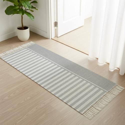 Gray Striped Hallway Runner Rug 2'x5', Boho Stripes Minimalist Vintage