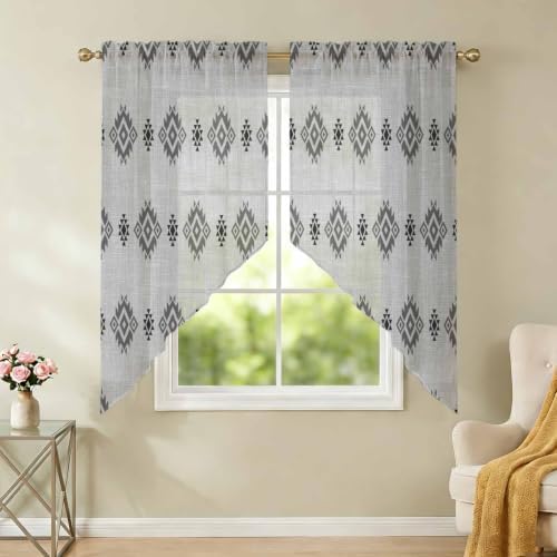 Grey Boho Swag Curtains 45 Inch Length 2 Panels Set, Western Ethnic