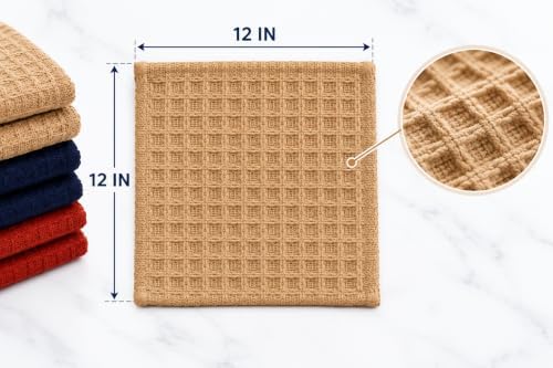 Waffle Weave Dish Cloths Set of 12, Beige Navy Rust, Cotton Blend