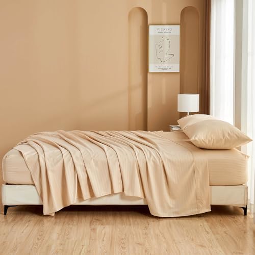 Kingnex Oversized King Flat Sheet 132x110 with Striped Pattern Beige