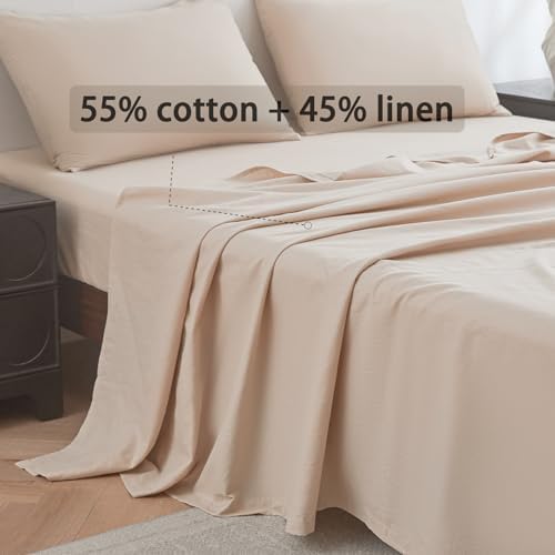 Luxury Cotton Linen Blend Flat Sheet, Cooling Breathable Natural