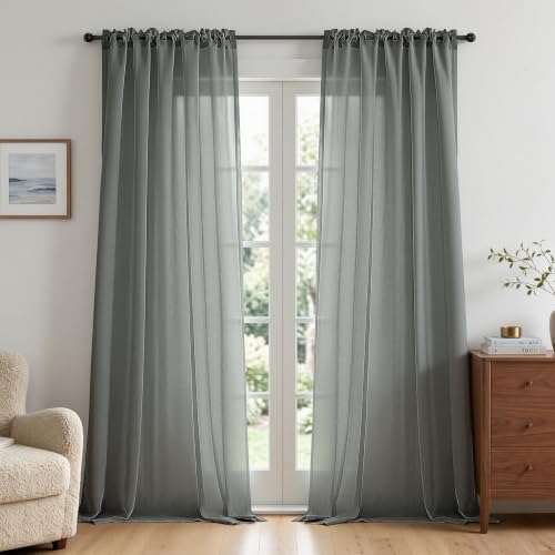 CUCRAF Grey Sheer Curtains 63 Inches Long 2 Panels Set, Semi Sheer Rod